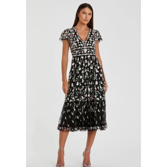 Mac Duggal 35104 Black Multicolor Embroidered V Neck Cap Sleeve Midi Dress Sz 8